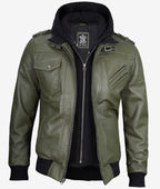 Olive Green Hooded Leather Bomber Jacket for Men