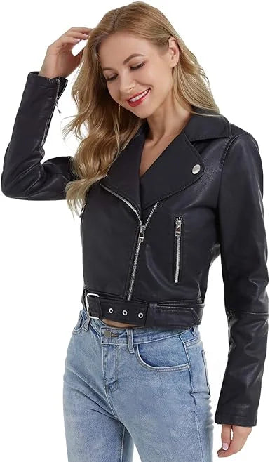 Motorcycle Cropped Leather Jacket For Women