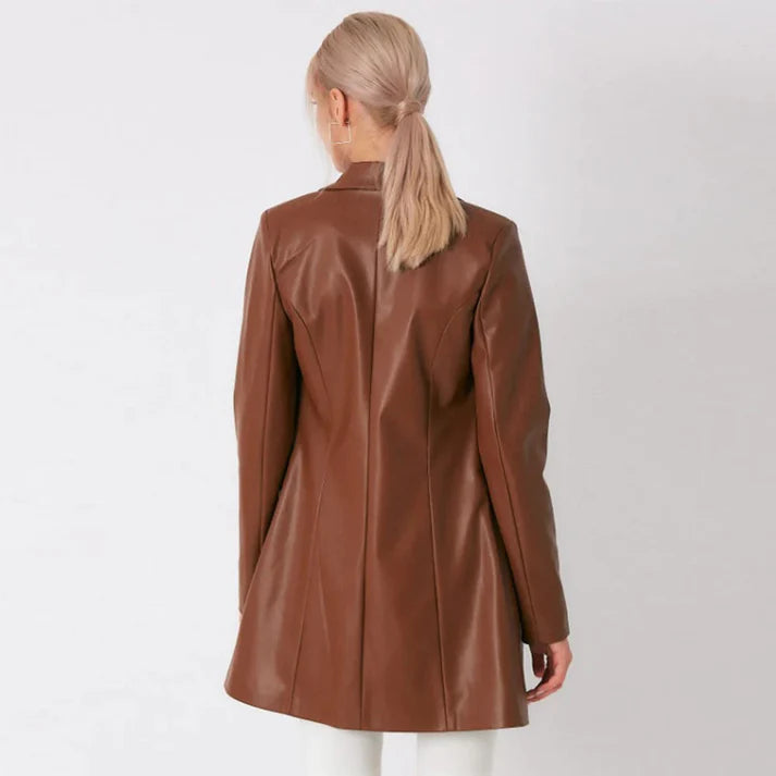 Women Brown Lambskin Leather Long Coat