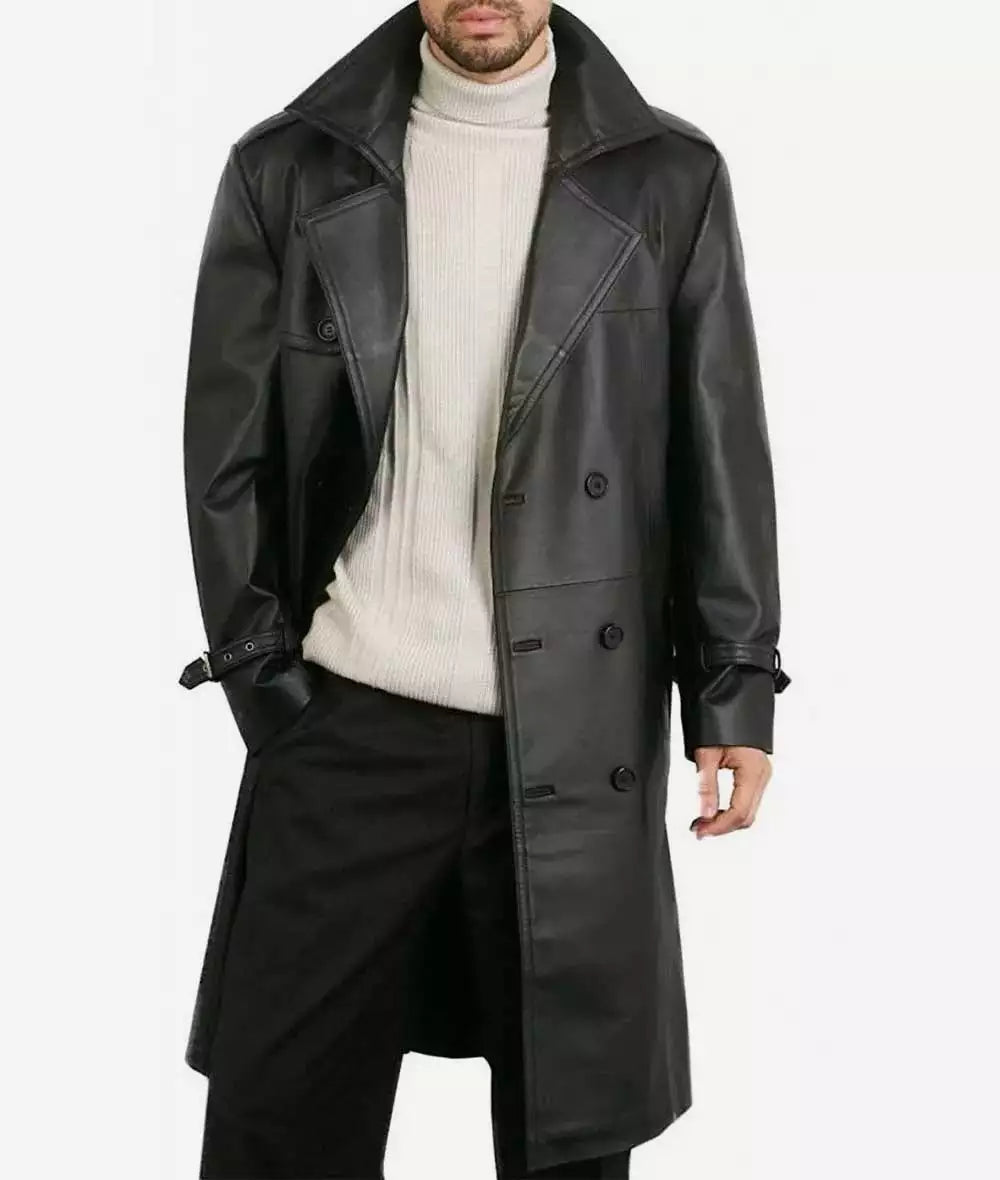 Black Lambskin Leather Knee-Length Coat for Men – Double Breasted