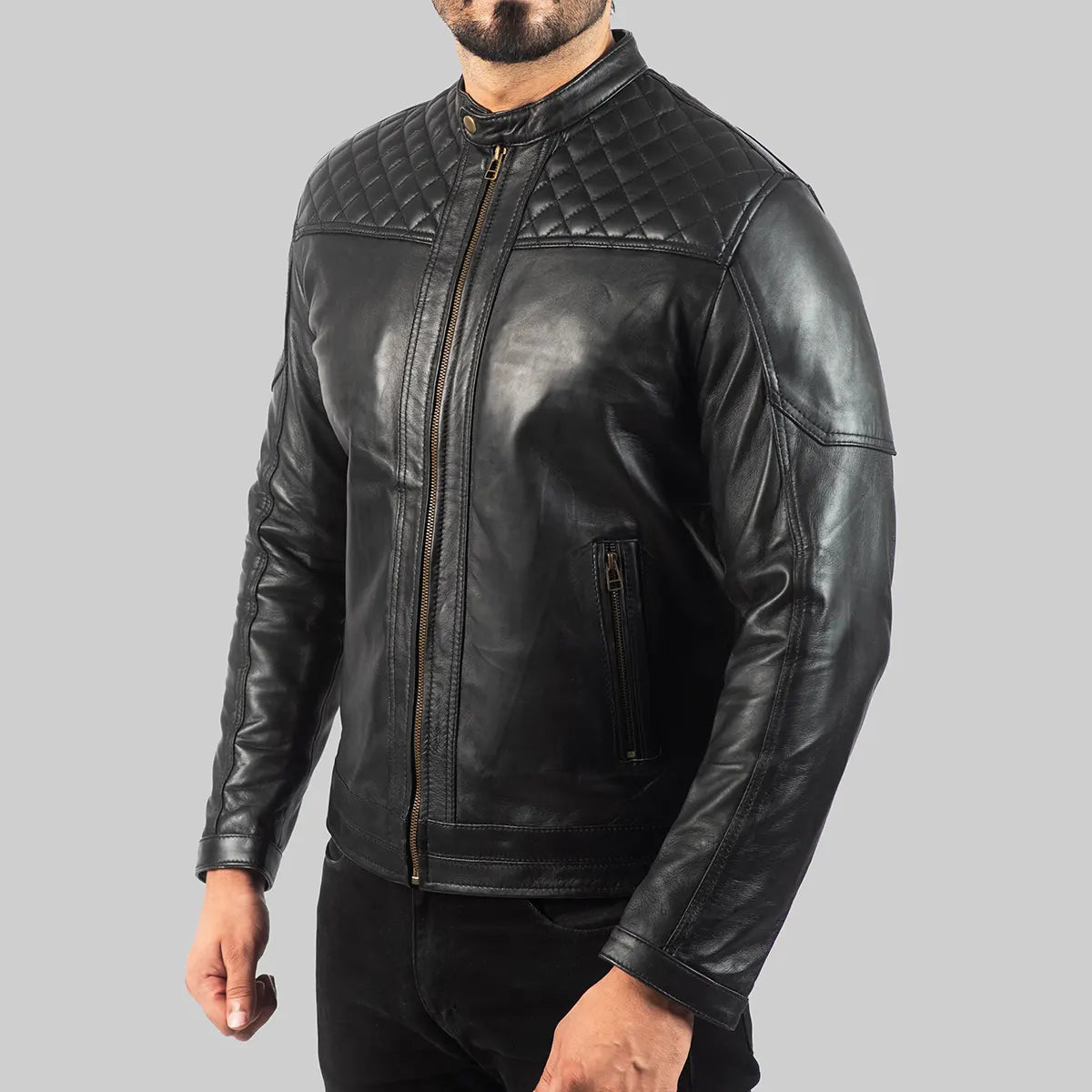 Mens Quilted Black Leather Biker Jacket