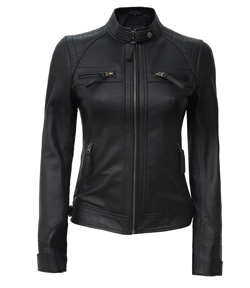 Womens Stylish Black Quilted Cafe Racer Jacket – Genuine Leather