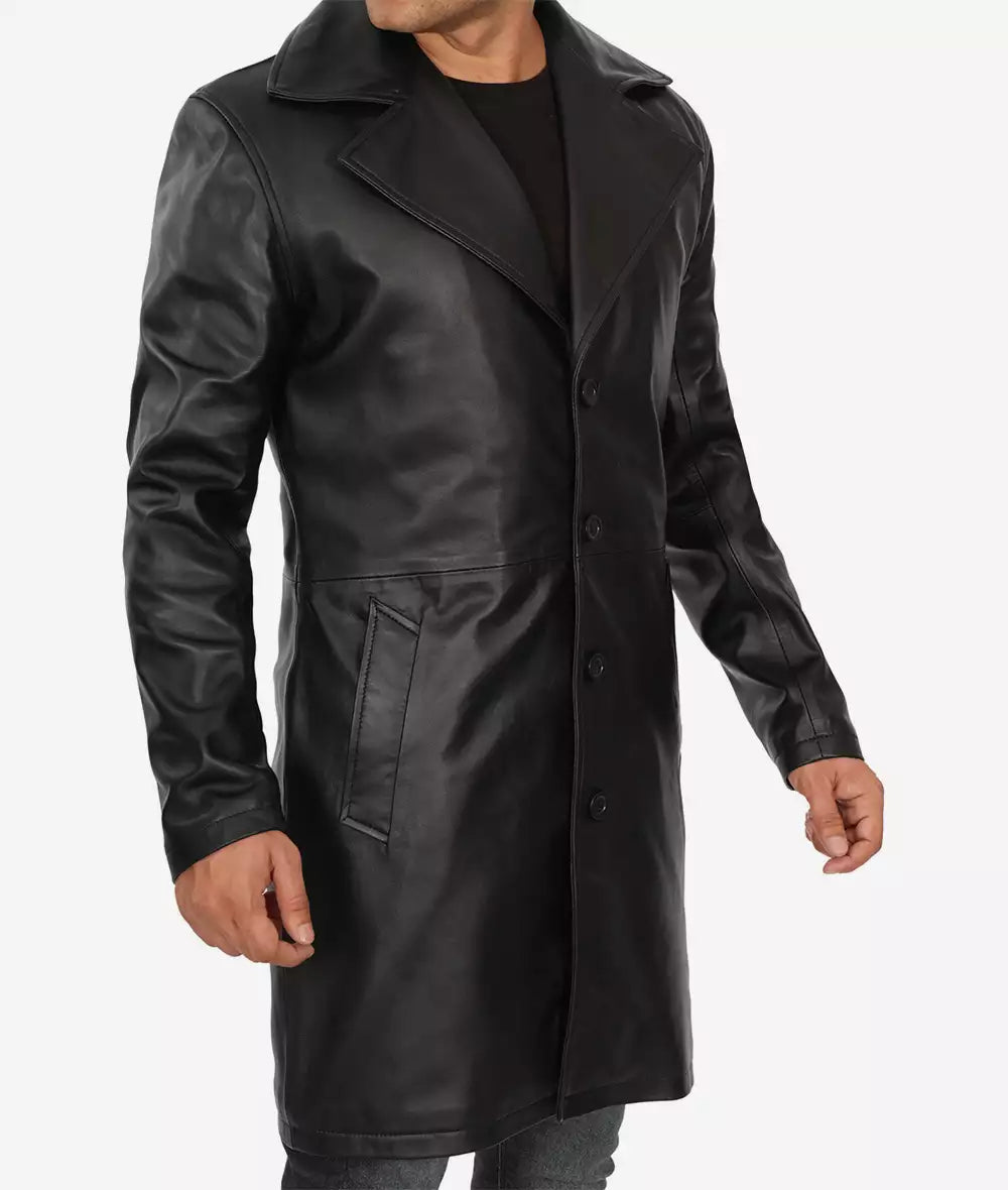 Men’s 3/4 Length Black Lambskin Leather Coat