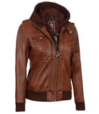 Womens Cognac Brown Leather Bomber Jacket With Removable Hood