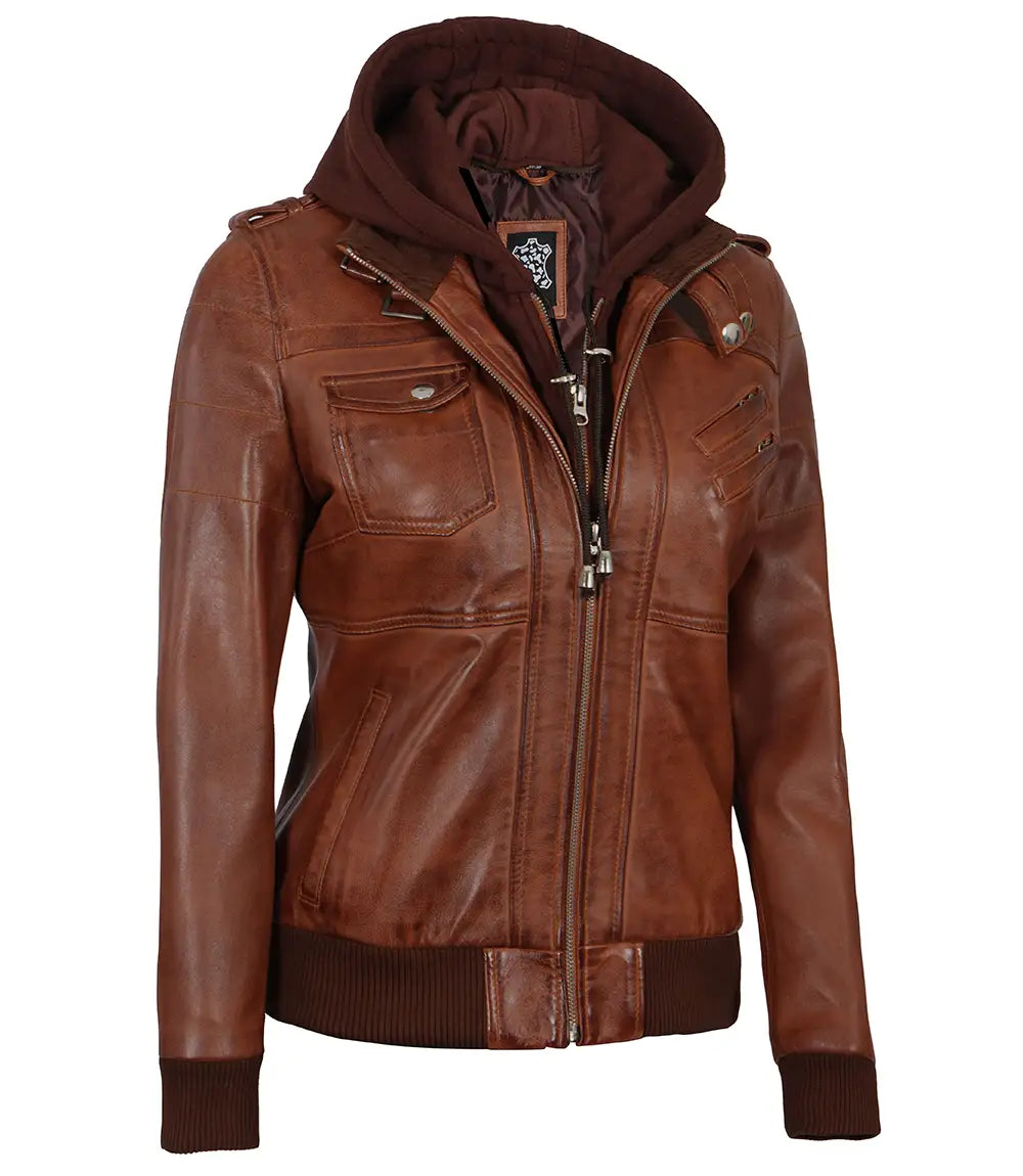 Womens Cognac Brown Leather Bomber Jacket With Removable Hood