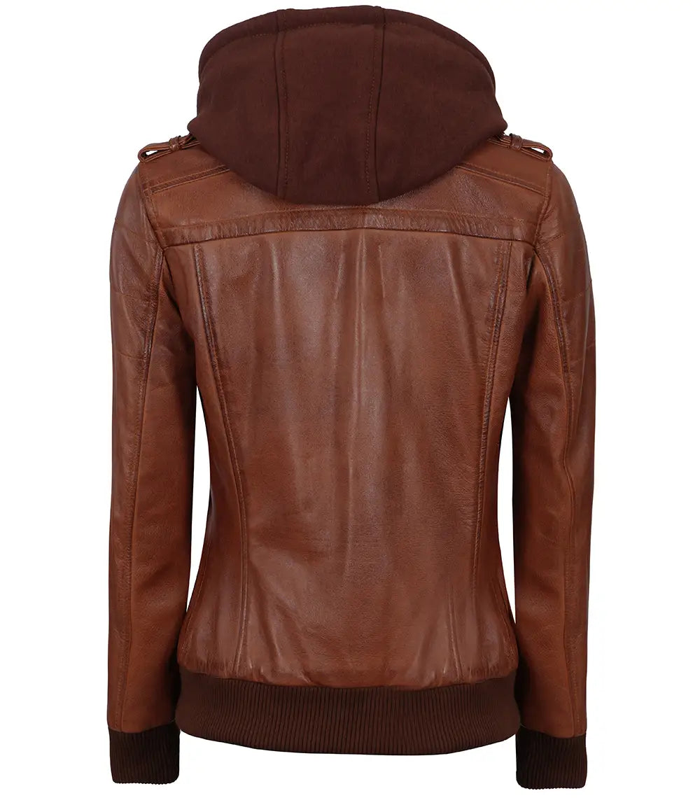 Womens Cognac Brown Leather Bomber Jacket With Removable Hood