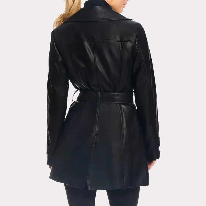 Women Solid Black Leather Trench Coat