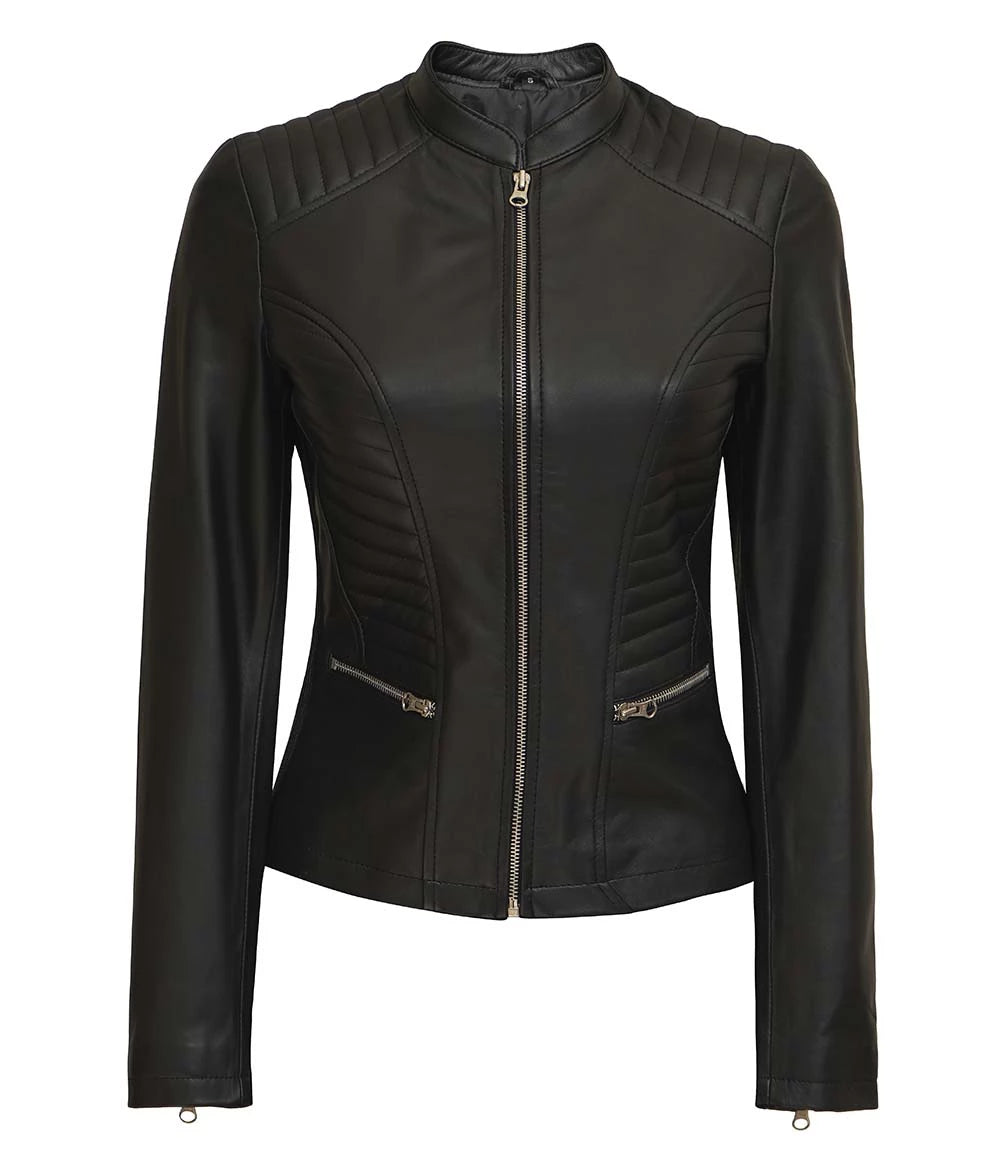 Womens Black Real Leather Cafe Racer Jacket