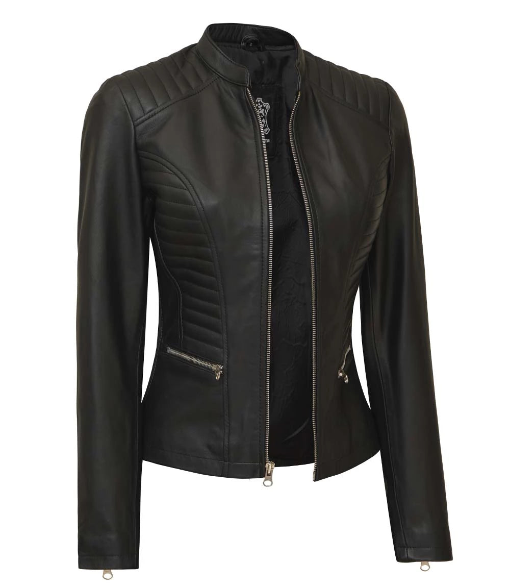 Womens Black Real Leather Cafe Racer Jacket