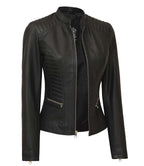 Womens Black Real Leather Cafe Racer Jacket