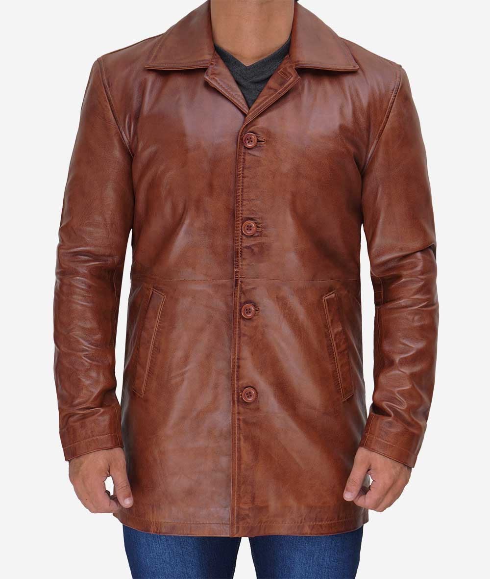 Men’s Real Leather Cognac Car Coat – Button Down Style