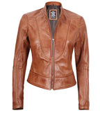 Tan Brown Leather Cafe Racer Jacket For Women
