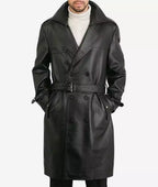 Black Lambskin Leather Knee-Length Coat for Men – Double Breasted