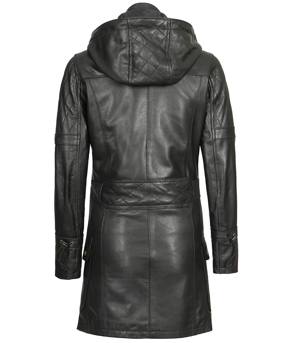 Womens Black Leather Hooded Coat - 3/4 Length