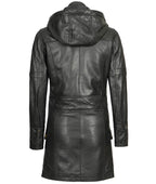Womens Black Leather Hooded Coat - 3/4 Length