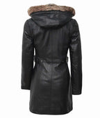 Womens Black Leather Coat Removable Fur Hood