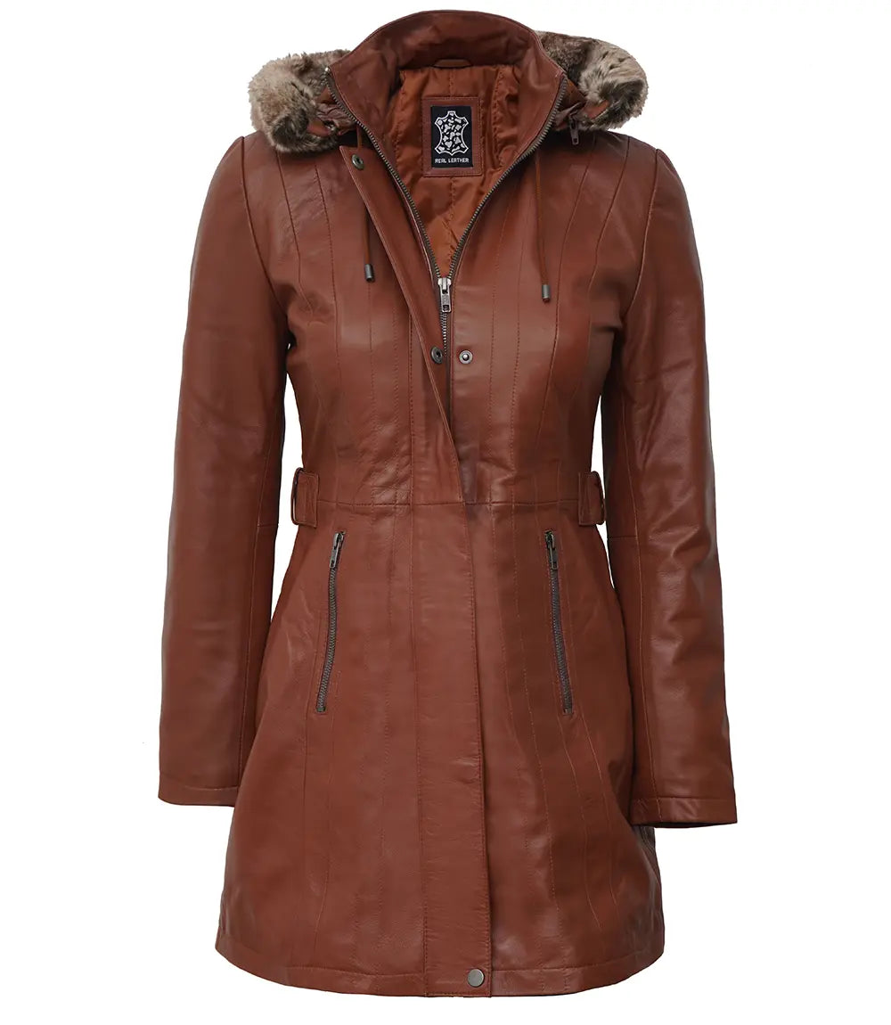 Women Brown Leather Fur Coat Removable Hood