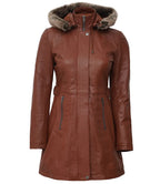 Women Brown Leather Fur Coat Removable Hood