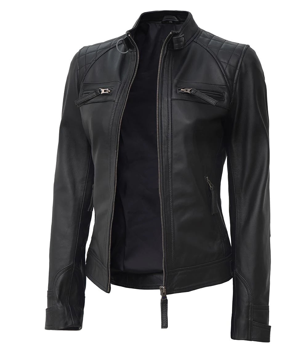 Womens Stylish Black Quilted Cafe Racer Jacket – Genuine Leather
