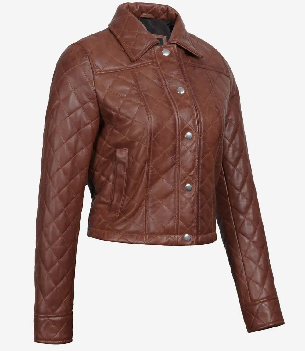 Womens Brown Quilted Cropped Leather Jacket