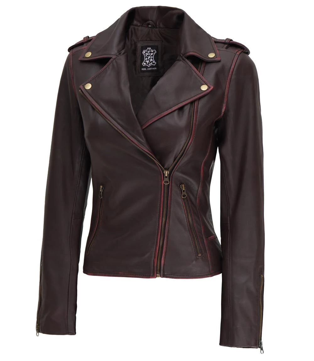 Womens Asymmetrical Moto Jacket Brown Leather Edition
