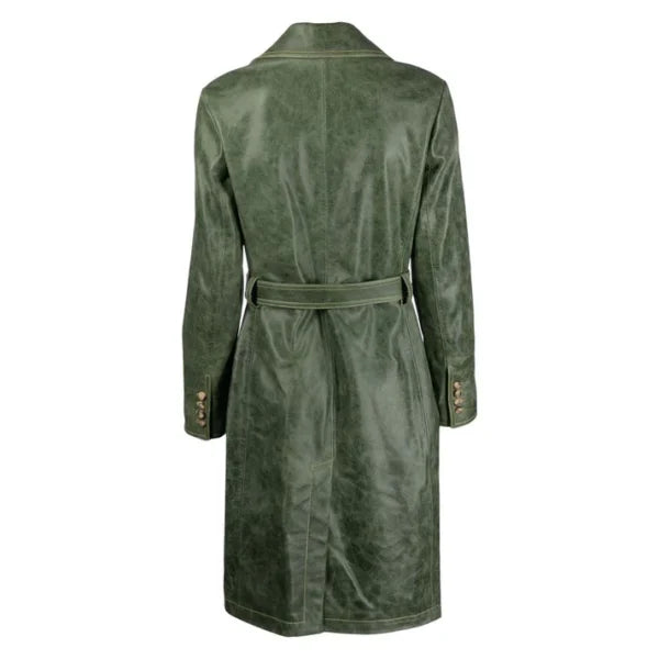 Womens Green Distressed Leather Trench Coat