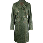 Womens Green Distressed Leather Trench Coat