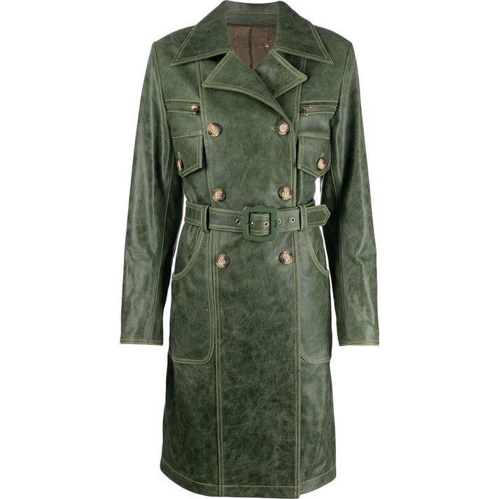 Womens Green Distressed Leather Trench Coat