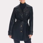 Women Solid Black Leather Trench Coat