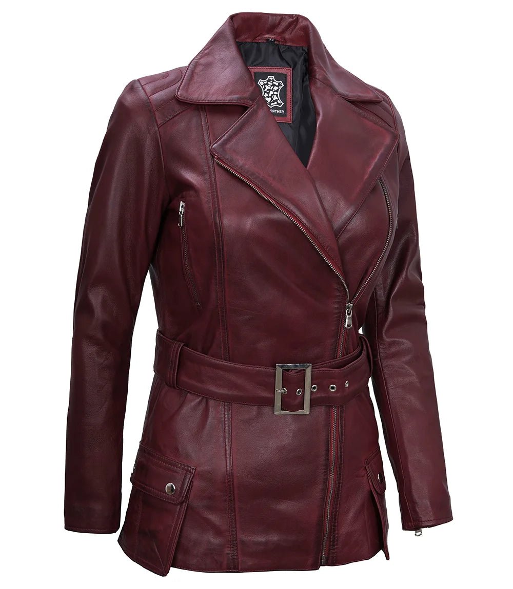 Womens Asymmetrical Biker Jacket Real Leather in Maroon