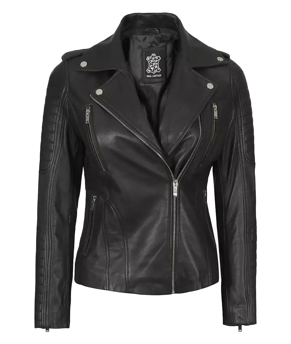 Women Black Leather Detachable Hood Jacket