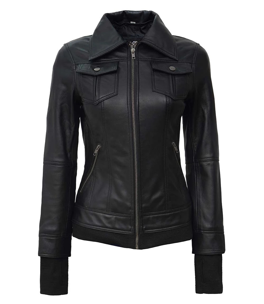 Tralee Black Leather Bomber Jacket With Hood