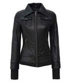 Tralee Black Leather Bomber Jacket With Hood