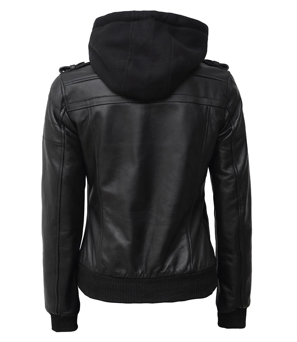 Womens Edinburgh Bomber Leather Jacket with Detachable Hood