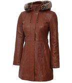 Women Brown Leather Fur Coat Removable Hood