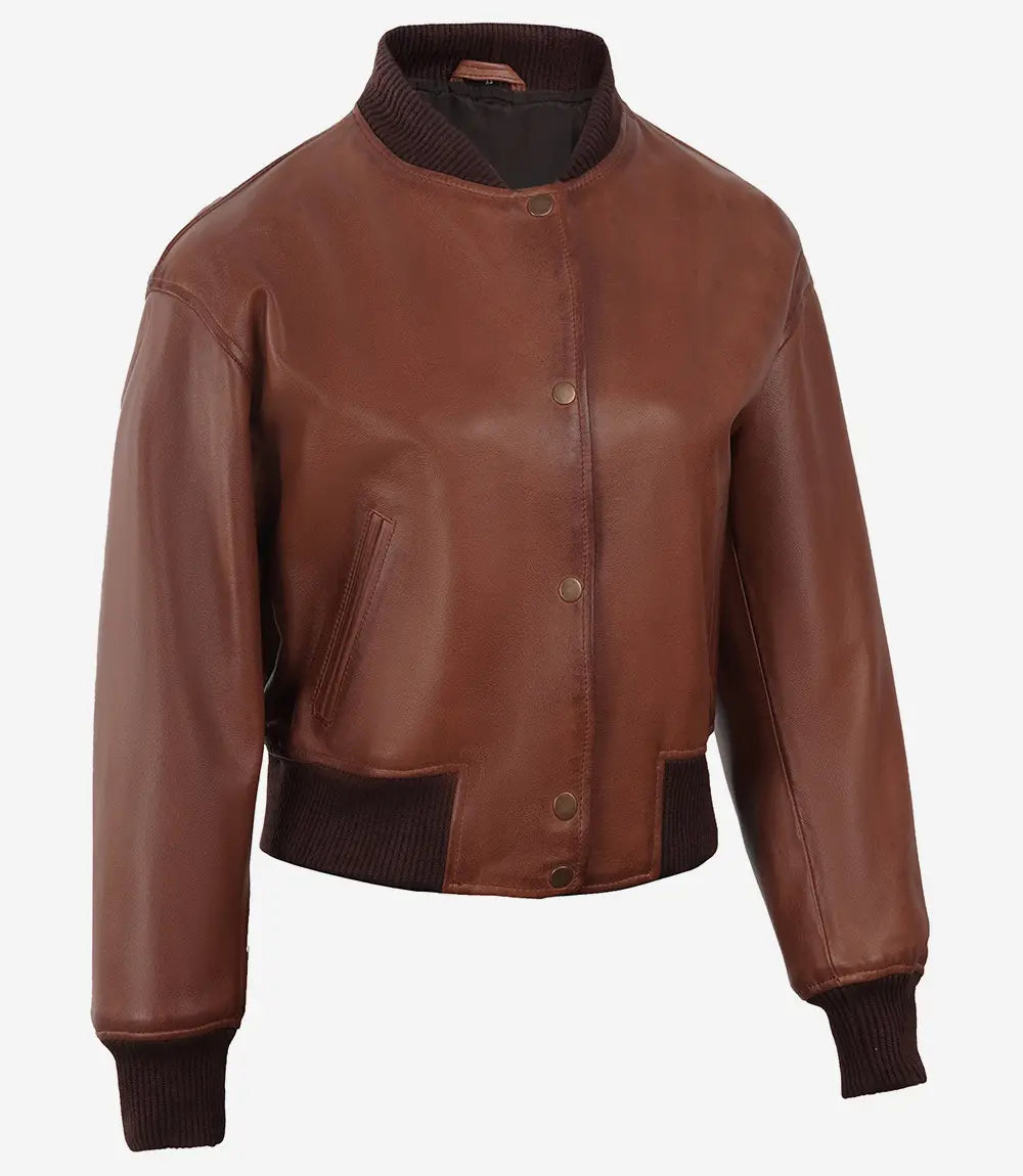 Womens Brown Cropped Bomber Leather Jacket