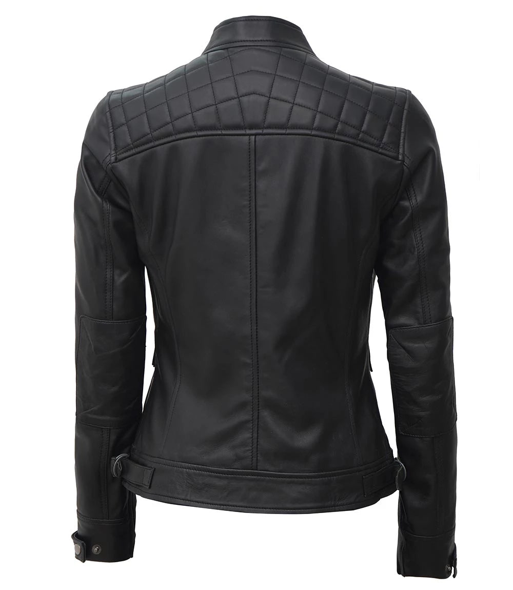 Womens Stylish Black Quilted Cafe Racer Jacket – Genuine Leather