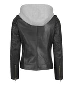 Women Black Leather Detachable Hood Jacket