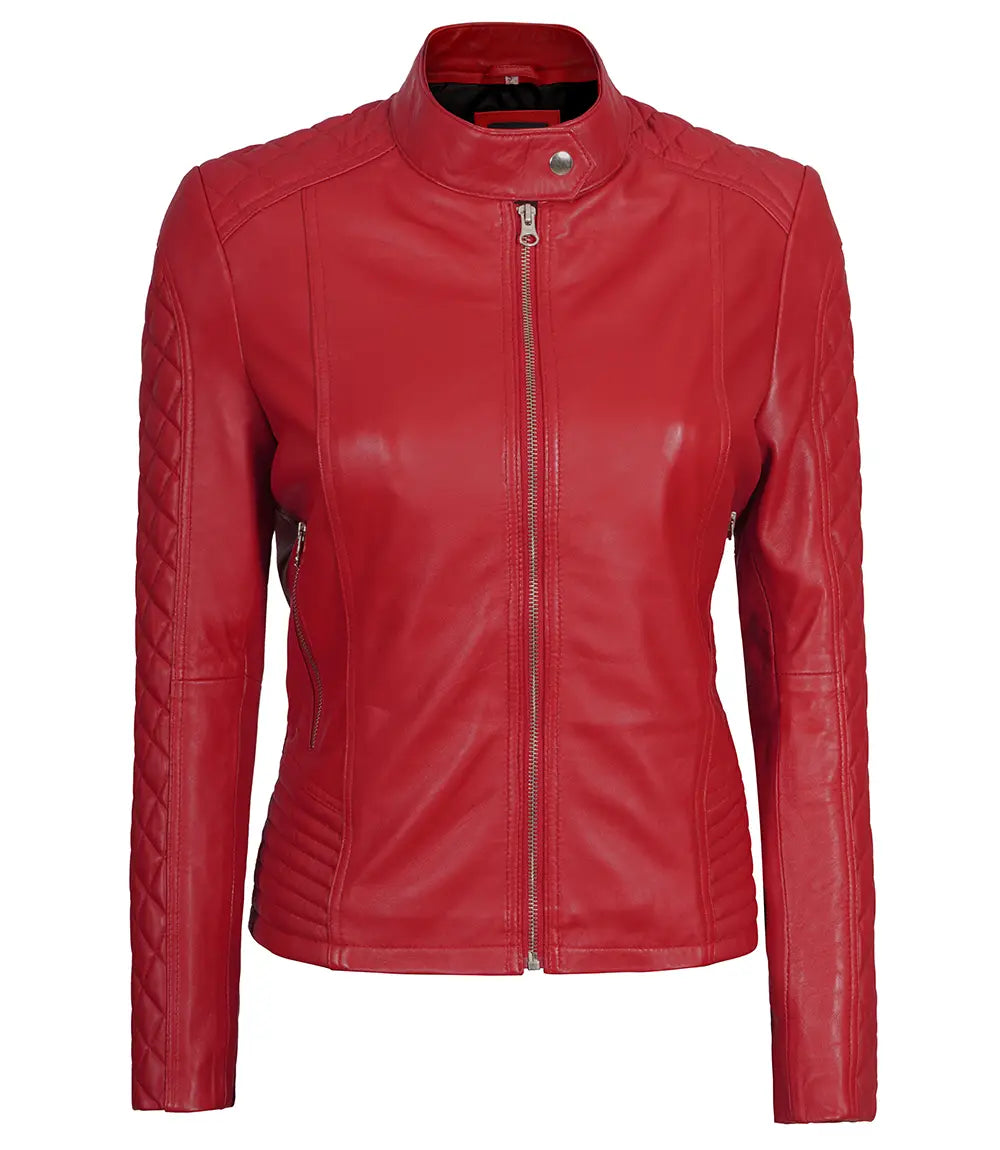 Womens Red Cafe Racer Jacket – Quilted Leather Sleeves